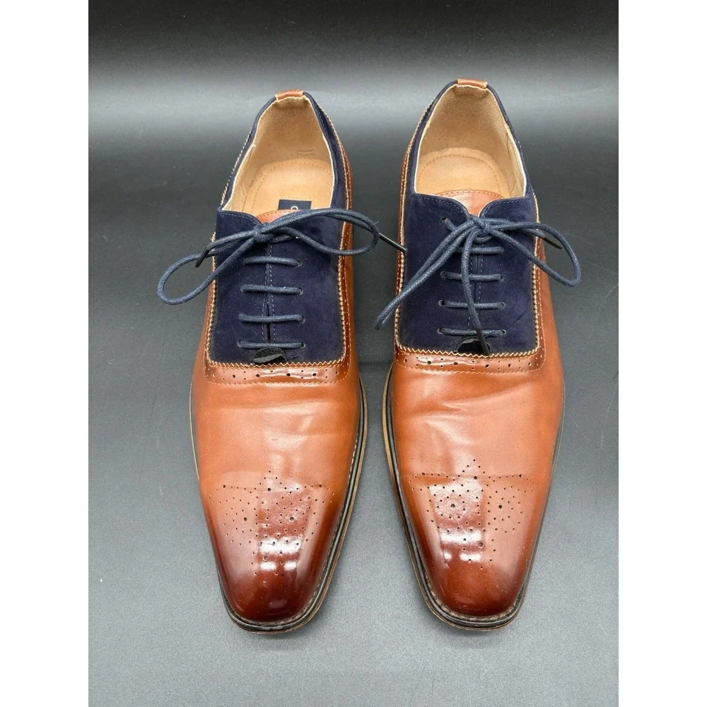 Gino Vitale Oxford Mens 11 Tan Navy Blue Excellent‎ Two Tone Brogue Dress Shoes